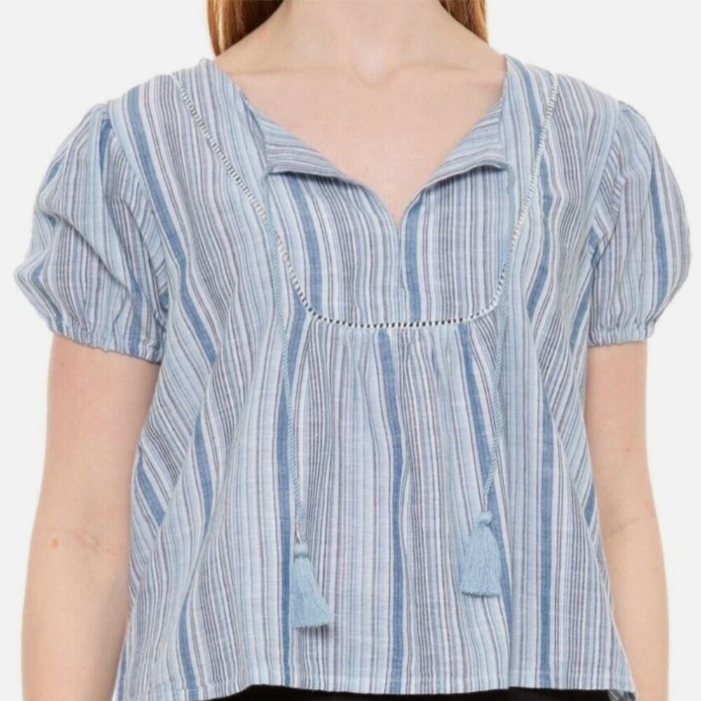 New! Lucky Brand Cotton Linen Blue Stripe Peasant Blouse Top Women's Size L